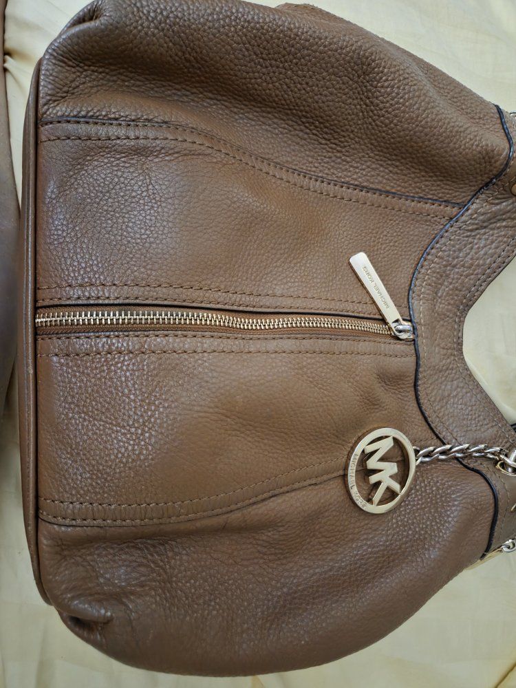 Michael Kors Brown Pebbled Leather Hobo Shoulder Bag with MK Charm & Gold-Tone Hardware