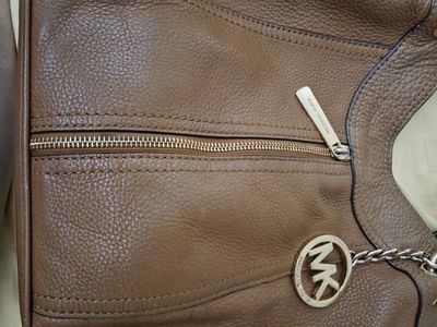 Michael Kors Brown Pebbled Leather Hobo Shoulder Bag with MK Charm & Gold-Tone Hardware