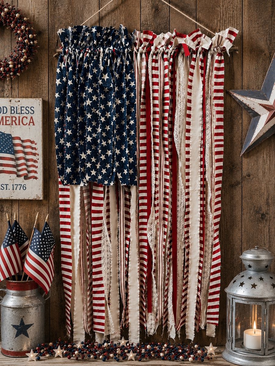 July 4th large hanging rustic rag flag