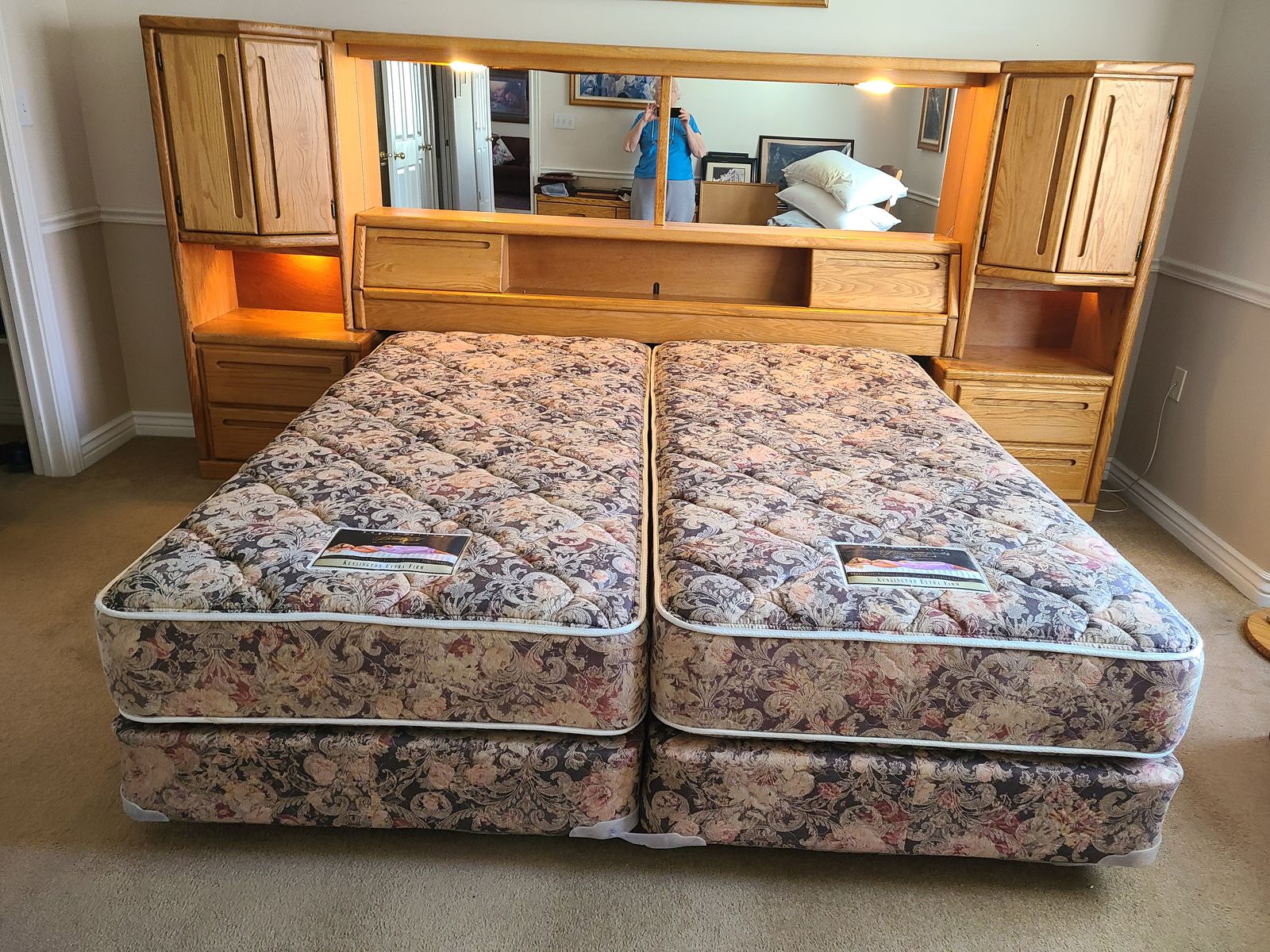 King Sized, Solid Oak Headboard with Lights, Mattress and Frame