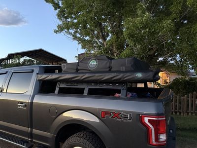 Overland Vehicle Systems TMBK 3-Person Soft Shell Roof Top Tent with Tan Body & Green Rainfly - new with organizer.