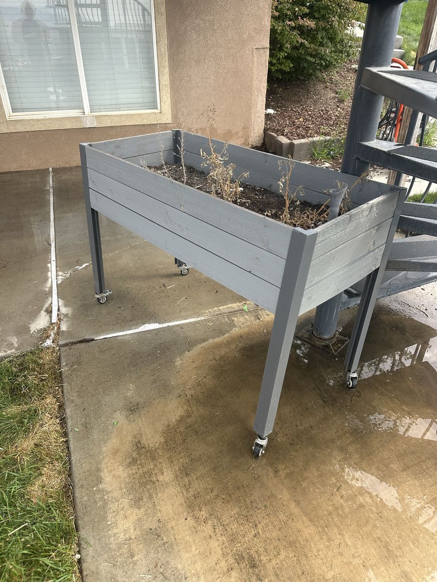 Raised Wooden Planter Box on Caster Wheels - Gray