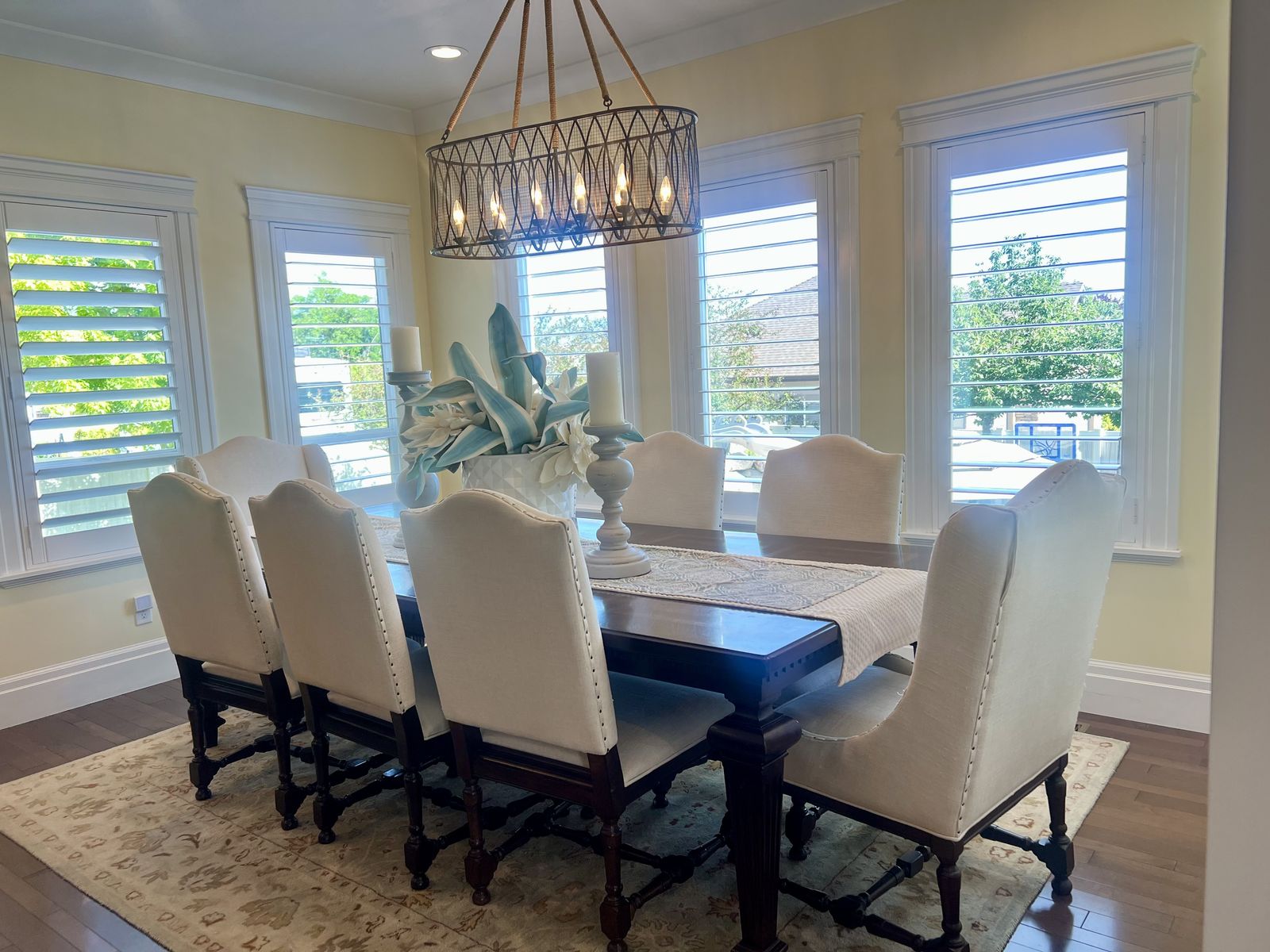 Elegant Traditional Dark Wood Dining Table with 8 Upholstered Wingback & Side Chairs