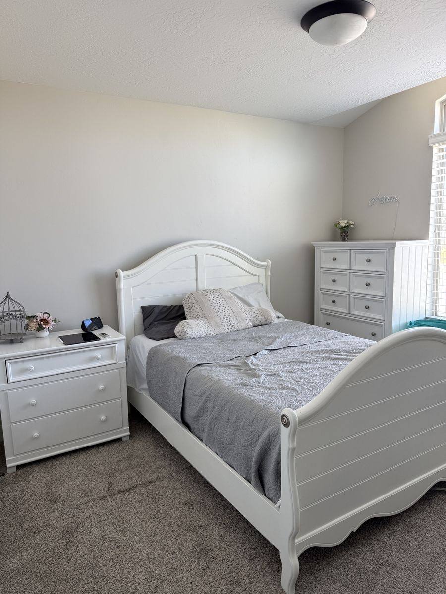 White Bedroom Set: Double Bed Frame, Dresser, Nightstand, Desk & Chair