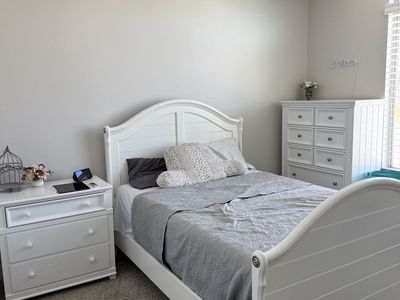 White Bedroom Set: Double Bed Frame, Dresser, Nightstand, Desk & Chair