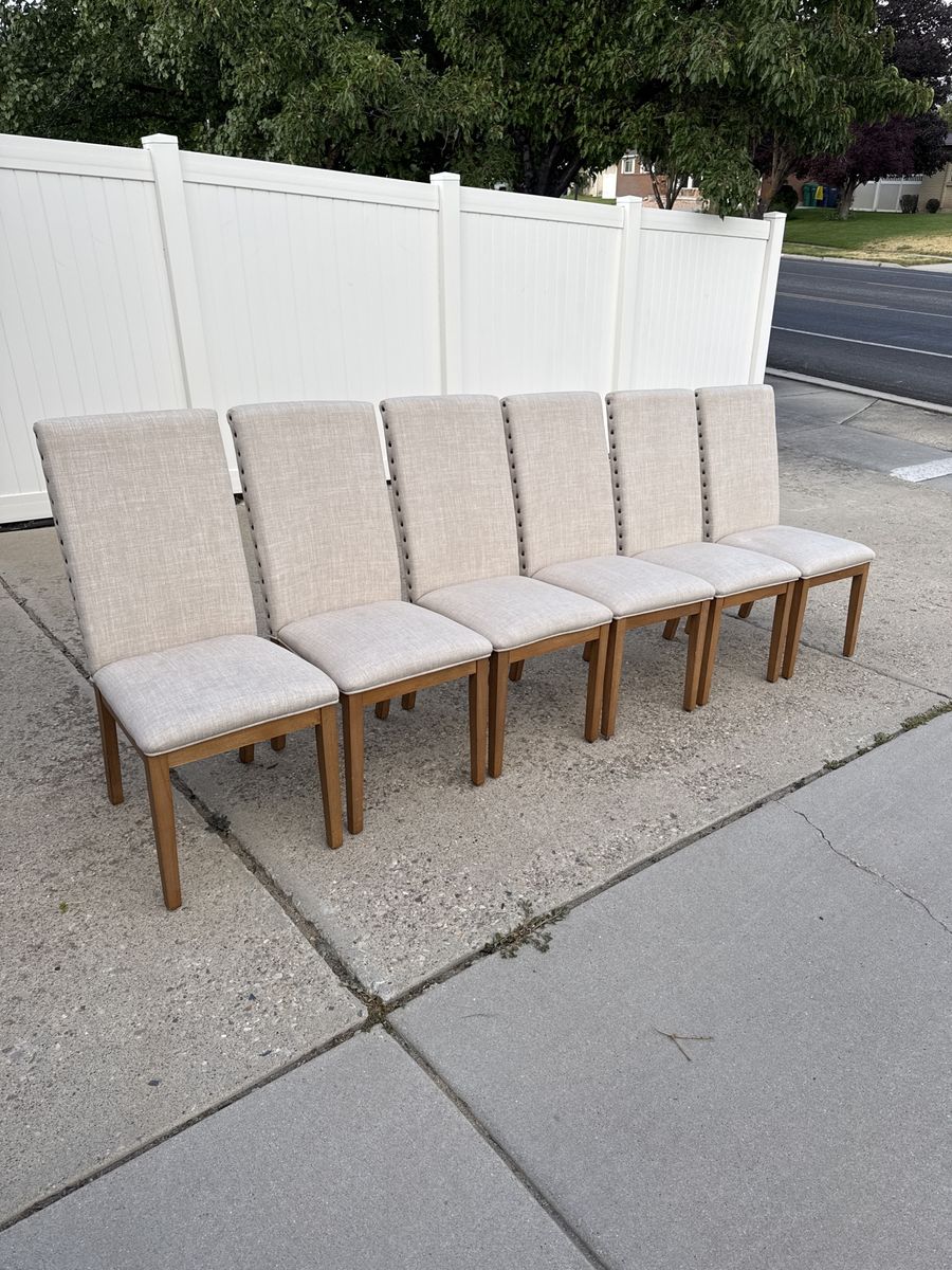 Set of 6 Beige Upholstered Dining Chairs with Nailhead Trim