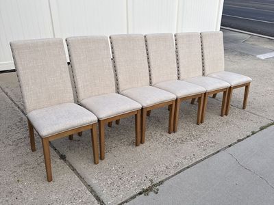 Set of 6 Beige Upholstered Dining Chairs with Nailhead Trim