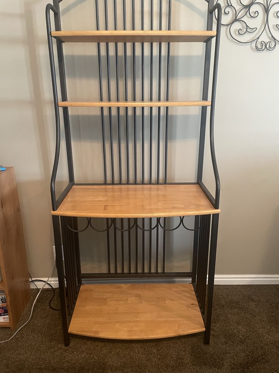 Wooden Bakers Rack with Black Metal Frame and Wine Storage