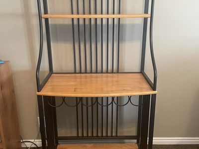 Wooden Bakers Rack with Black Metal Frame and Wine Storage