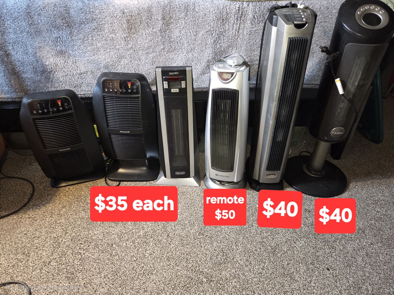 Tons of different kinds of heaters, prices on pictures