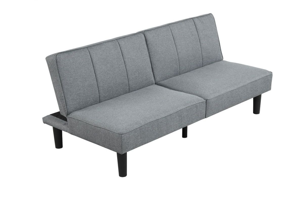 New Convertible Futon Sofa Bed, Gray Fabric, 66" Length, Modern Design, Space-Saving