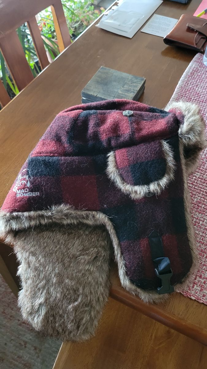 Mad Bomber Plaid Faux Fur Trapper Hat - Red, Black, and Gray - Medium