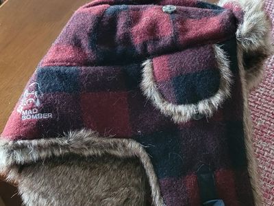 Mad Bomber Plaid Faux Fur Trapper Hat - Red, Black, and Gray - Medium