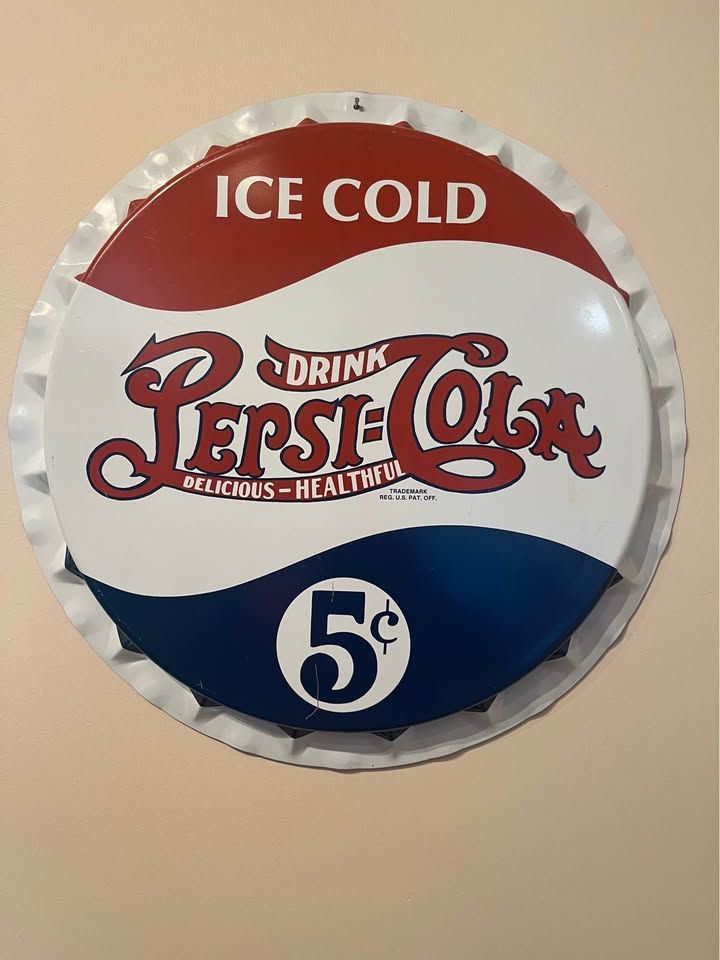 Pepsi-Cola 5¢ Metal Bottle Cap Sign – 18¾” – Retro Advertising