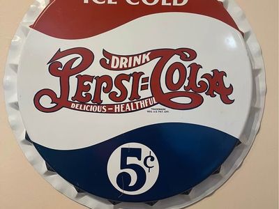 Pepsi-Cola 5¢ Metal Bottle Cap Sign – 18¾” – Retro Advertising