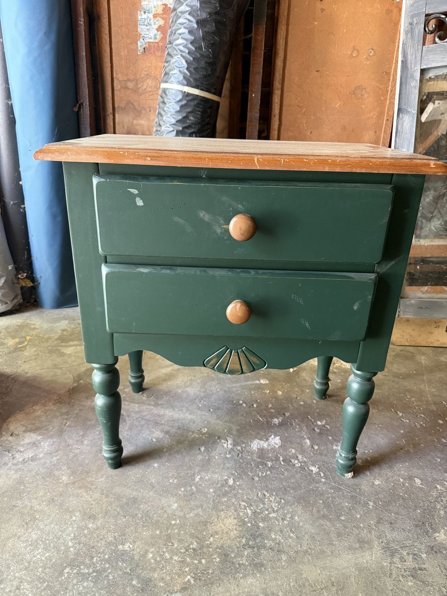 Vintage Green Wood 2-Drawer End Table / Nightstand with Natural Wood Top and Turned Legs