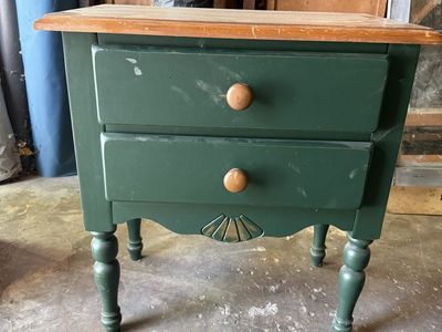 Vintage Green Wood 2-Drawer End Table / Nightstand with Natural Wood Top and Turned Legs