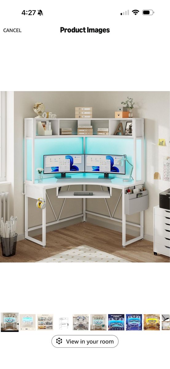 SEDETA 39" Spacious Corner Desk with Hutch and LED Lights - White