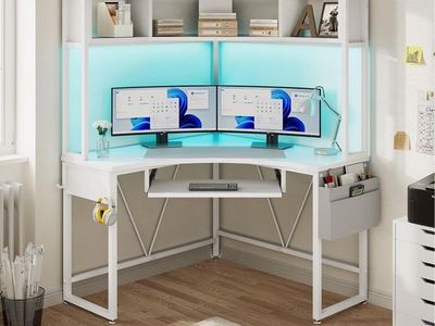 SEDETA 39" Spacious Corner Desk with Hutch and LED Lights - White