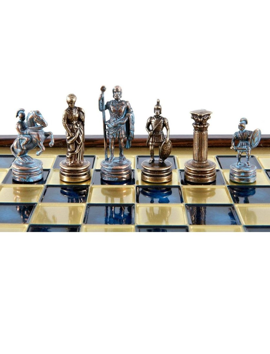 new Manopoulos Greek-Roman Army Chess Set - Blue & Copper - Wooden Case - Blue Board