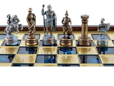 new Manopoulos Greek-Roman Army Chess Set - Blue & Copper - Wooden Case - Blue Board