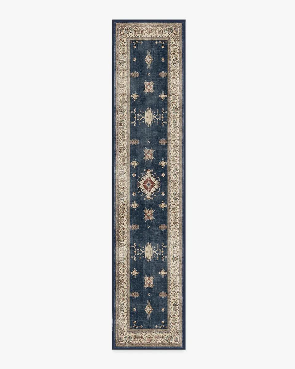 Tufted RUGGABLE Washable Vintage Runner Rug – Verena Sapphire 2.5x12, Stain-Resistant, Non-Slip Hallway Runner