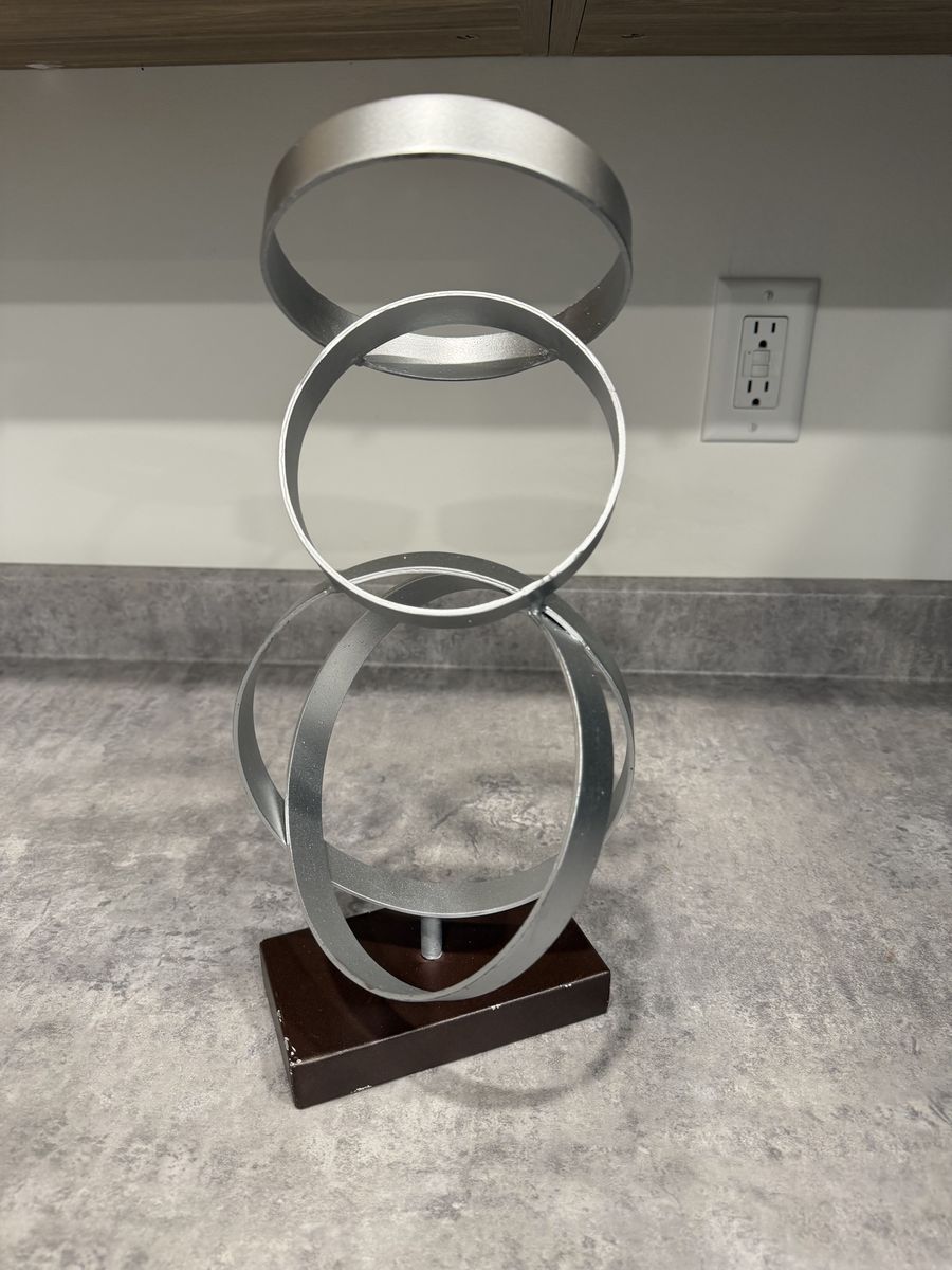 Geometric Silver Metal Sculpture on Wood Base - Abstract Home Decor Art Piece