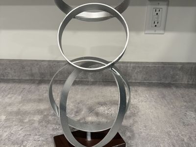 Geometric Silver Metal Sculpture on Wood Base - Abstract Home Decor Art Piece