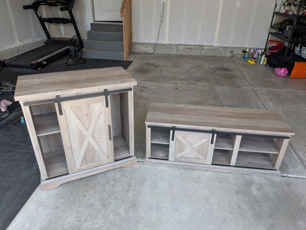 Rustic Gray Sliding Barn Door Shoe Bench & Side Table