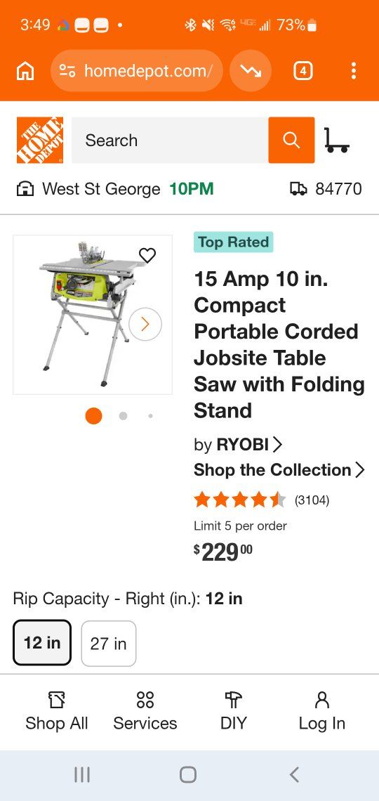 Ryobi 15 Amp 10 in. Compact Portable Corded Jobsite Table Saw with Folding Stand