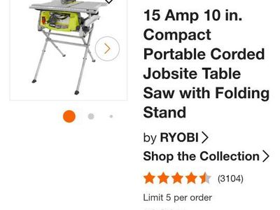 Ryobi 15 Amp 10 in. Compact Portable Corded Jobsite Table Saw with Folding Stand
