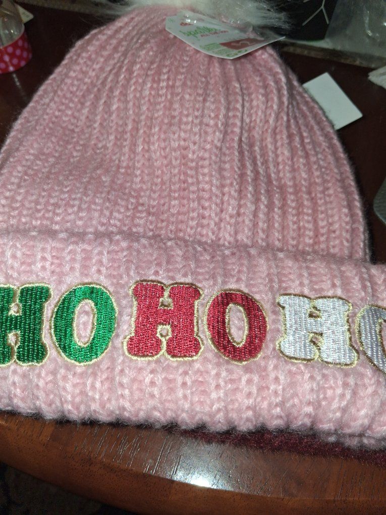 Pink Knit "Ho Ho Ho" Beanie Hat with White Pom Pom - New with Tags