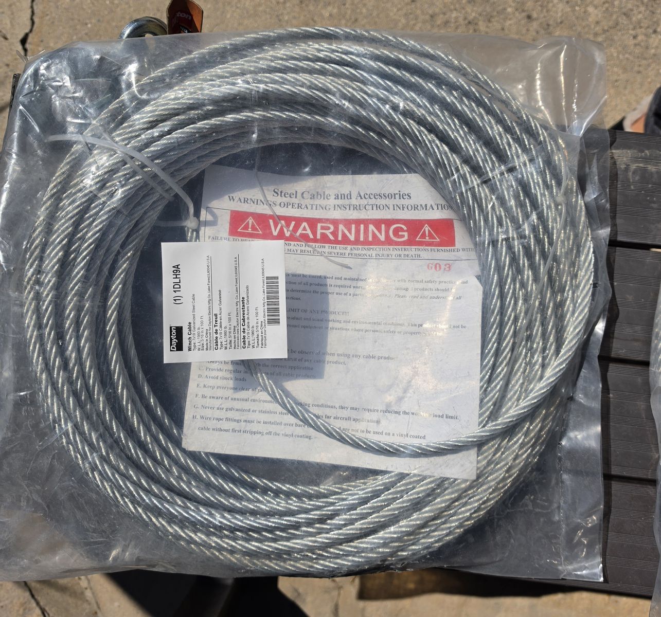 Dayton100ft Galvanized Steel Winch Cable