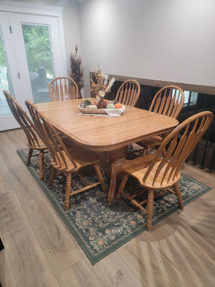 Oak Dining Table with 8 Spindle-Back Chairs