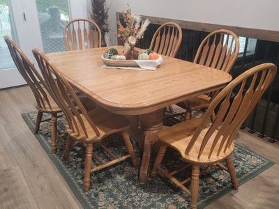 Oak Dining Table with 8 Spindle-Back Chairs