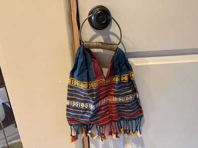 Vintage Handcrafted Textile Bag W/ Coiled Metal Handle