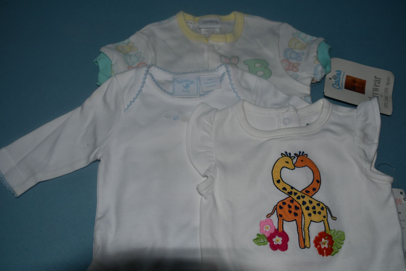 3 NWT BABY ONESIES ~ SIZE 3 to 6 MONTHS ~ CARTERS, GYMBOREE & HEARTSTRINGS ~ ALL FOR $5
