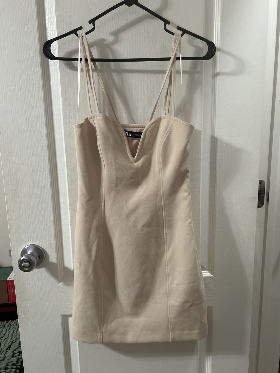 ZARA Cream Strappy Mini Dress - V-Neck, Bodycon Fit, Size Small