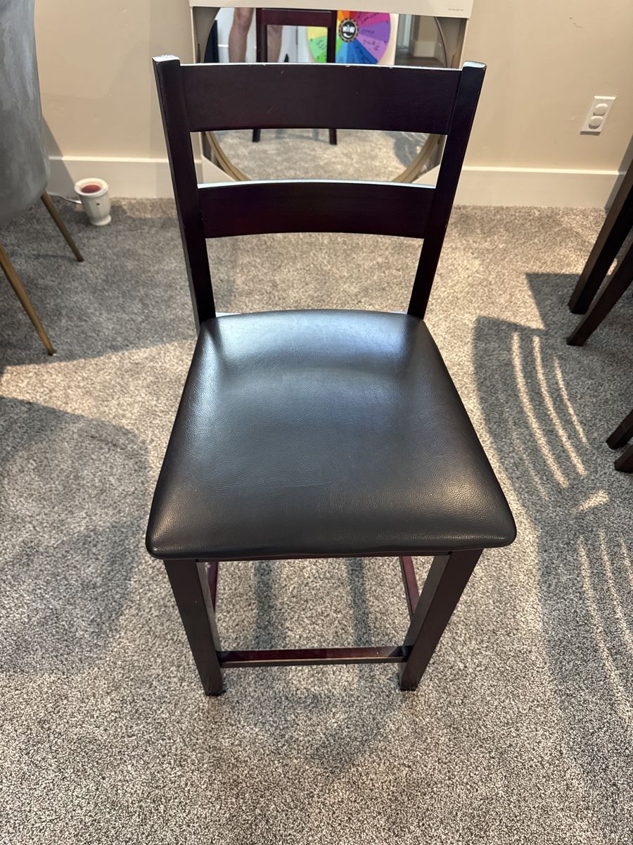 Dark Brown Wood Barstool Chair with Black Faux Leather Seat