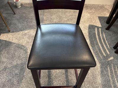 Dark Brown Wood Barstool Chair with Black Faux Leather Seat
