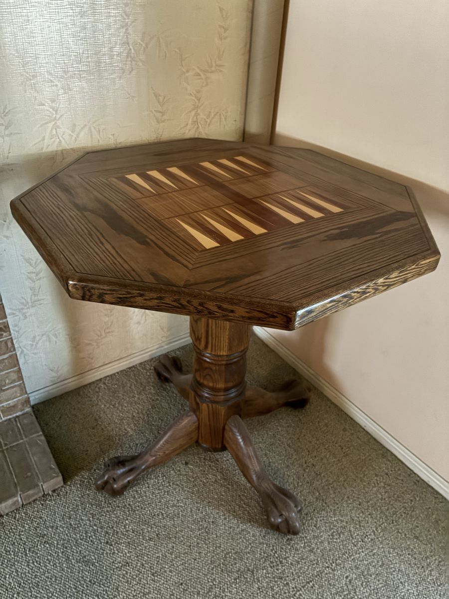 Octagon Wooden Game Table with Built-in Backgammon Board & Claw Foot Pedestal Base.