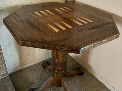 Octagon Wooden Game Table with Built-in Backgammon Board & Claw Foot Pedestal Base.
