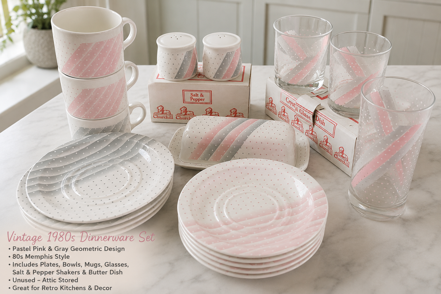 Vintage Pink 1980s Pastel Dinnerware Set – Pink & Gray Geometric / Memphis Style