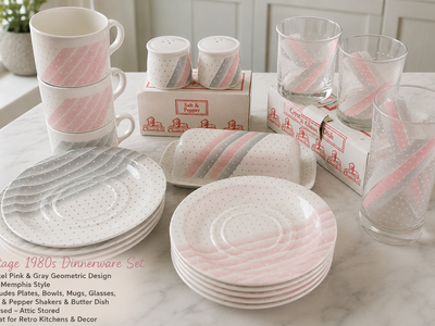 Vintage Pink 1980s Pastel Dinnerware Set – Pink & Gray Geometric / Memphis Style
