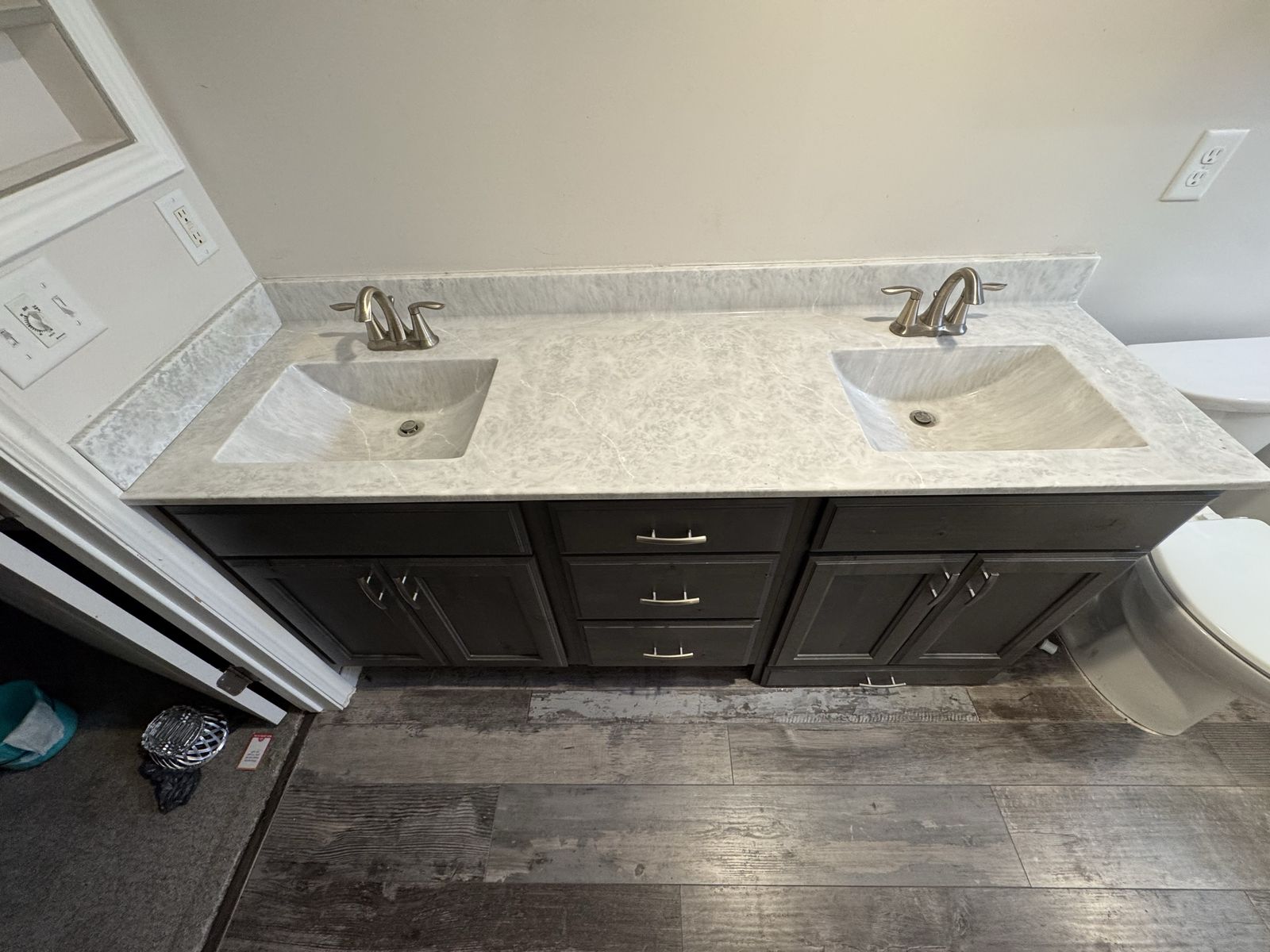 Double Vanity Bathroom Cabinet with Sinks and Faucets - Gray Cultured Marble