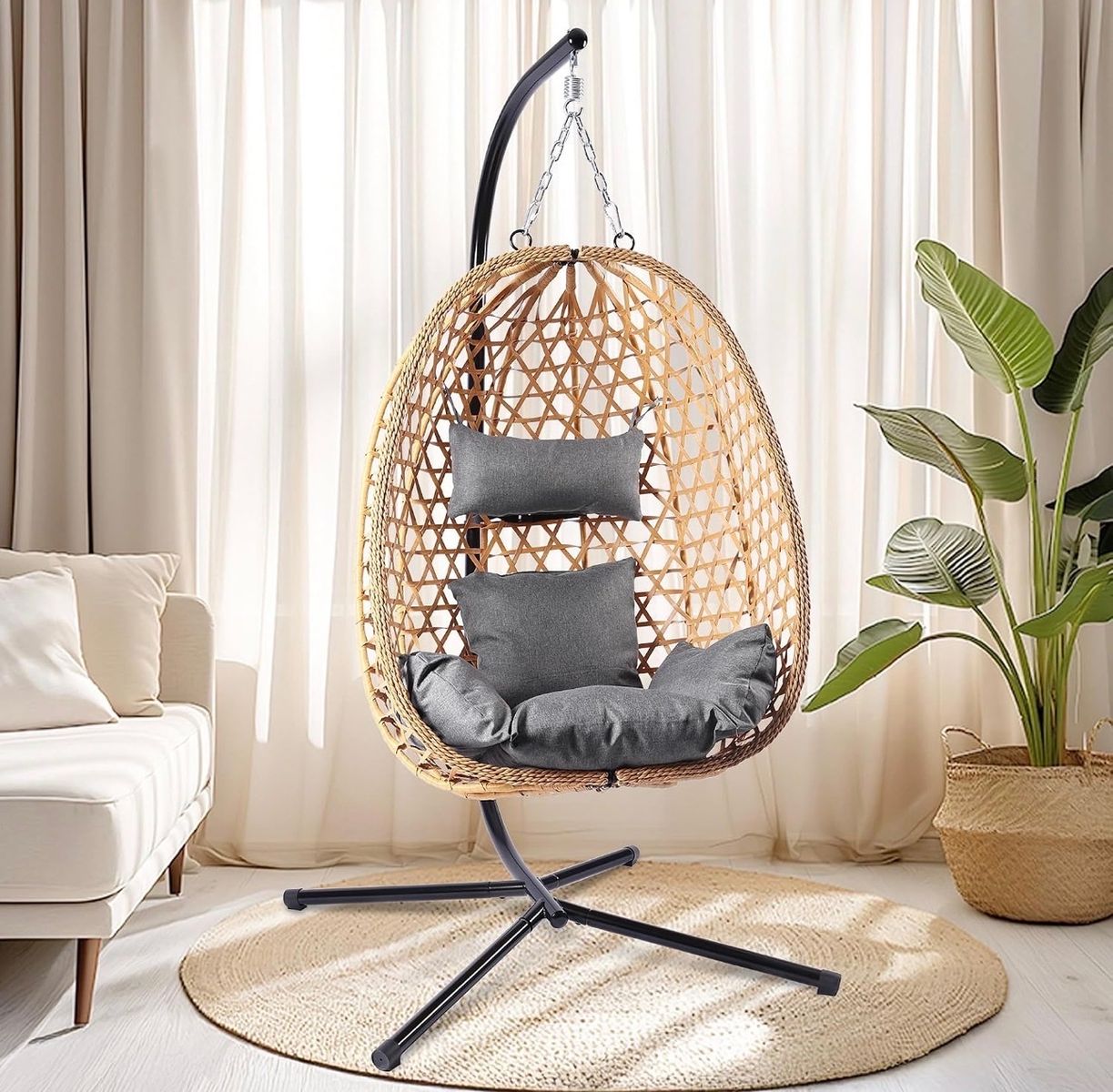 Brand new Handwoven PE Rattan Egg Chair Swing with Stand, Adjustable Chain, and Cushions - Indoor/Outdoor