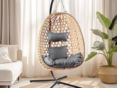 Brand new Handwoven PE Rattan Egg Chair Swing with Stand, Adjustable Chain, and Cushions - Indoor/Outdoor