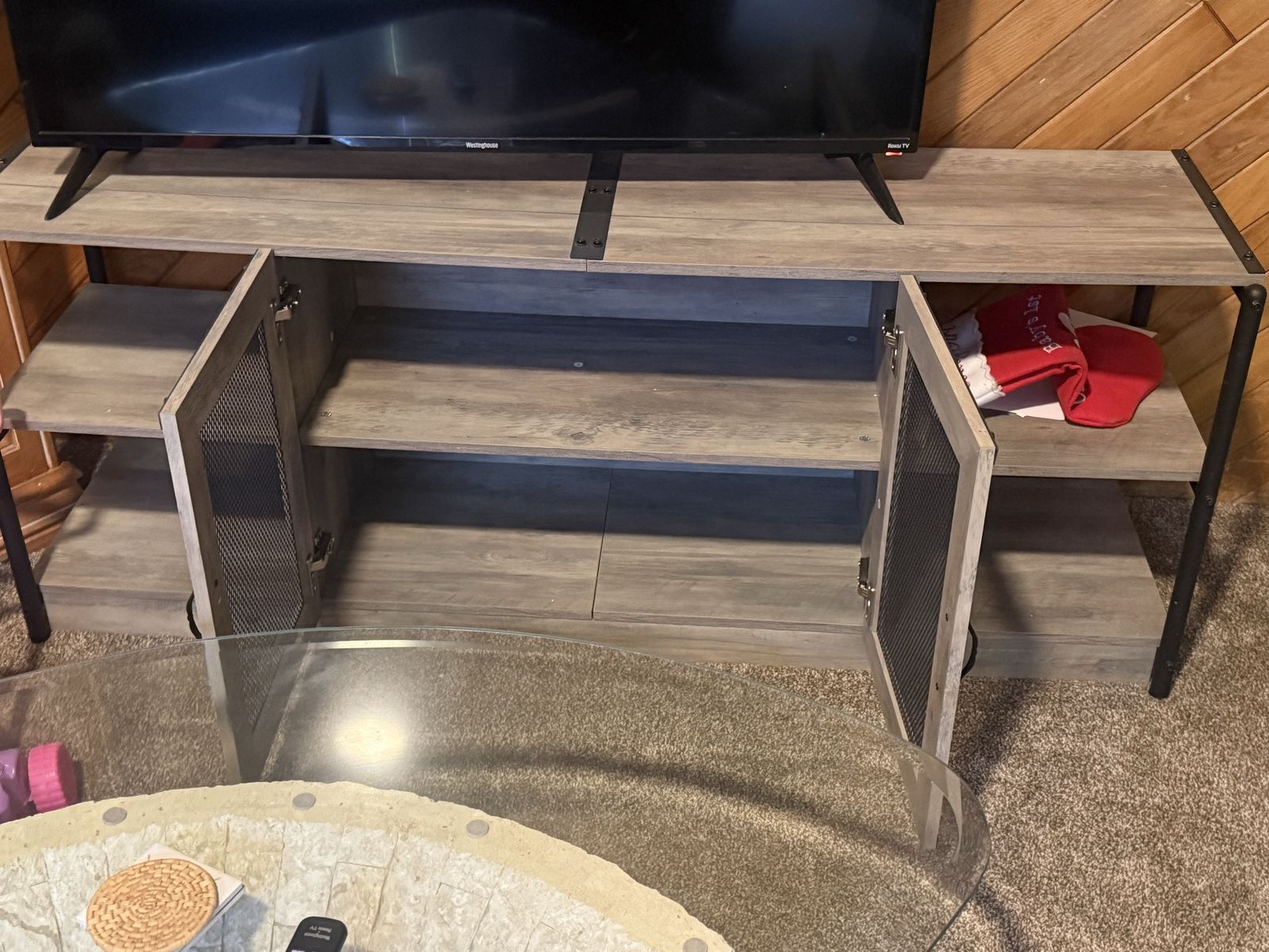 Rustic Industrial TV Stand with Mesh Cabinet Doors and Shelves