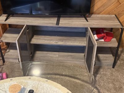 Rustic Industrial TV Stand with Mesh Cabinet Doors and Shelves