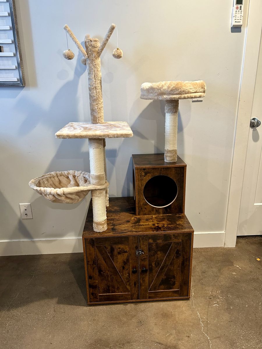 New 2-in-1 Cat Tree Tower, Hidden Litter Box Enclosure, Rustic Brown
